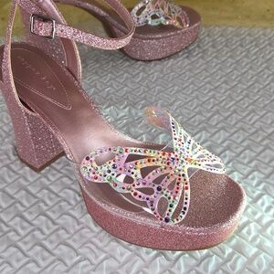 COPPER KEY 8M Pink Glitter Platform Heels with Butterfly  RHINESTONE Accent